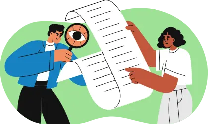 A cartoon image of two people with a big checklist and magnifying class, representing the dedication of TRU to building a verified and credible community